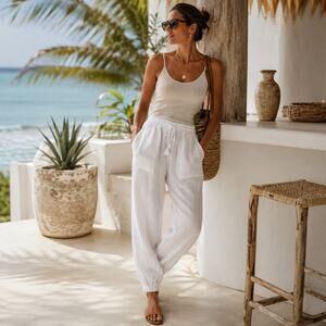 Cabi Getaway Jogger 6188 White Cotton Gauze Pull-On Pants M